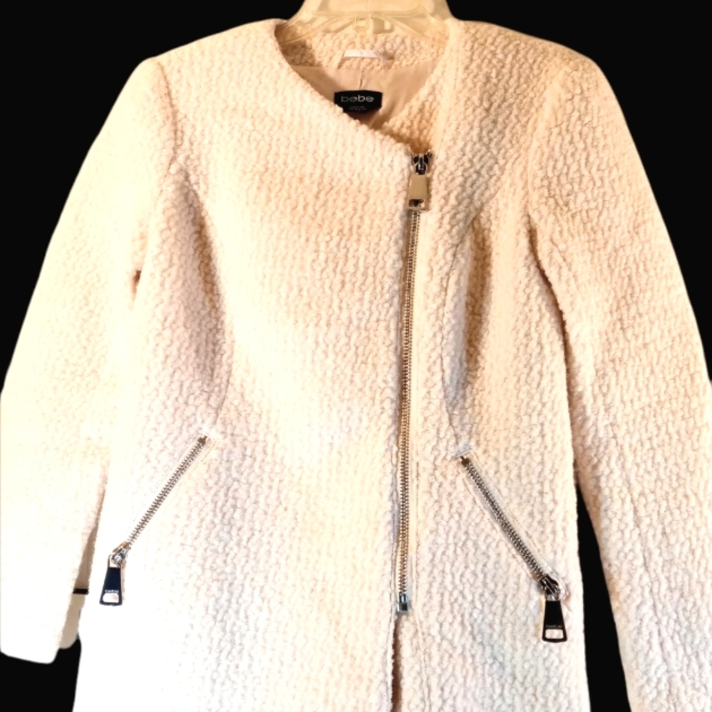 Bebe Cream Wool Boucle Sherpa zip up Jacket Asymmetrical XS